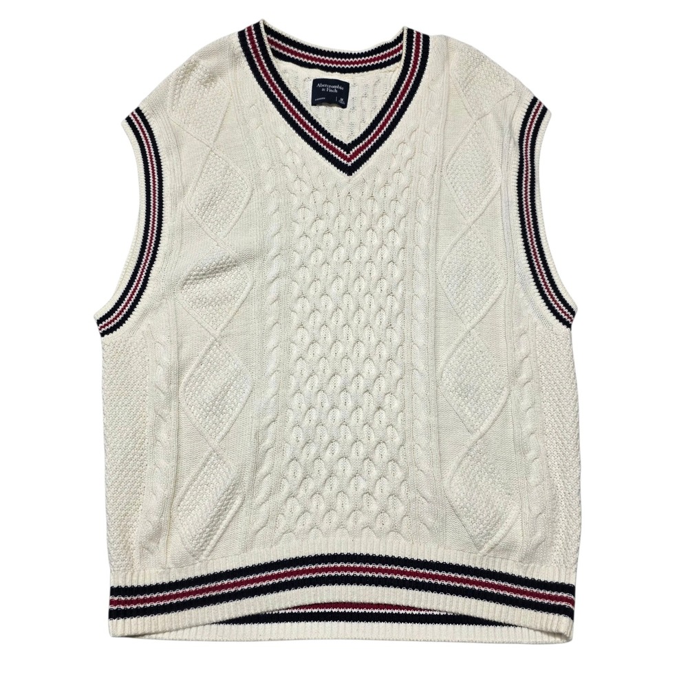 Abercrombie & Fitch Sweater Vest Ivory Cable Knit Oversized V Neck Womens M - Picture 6 of 6